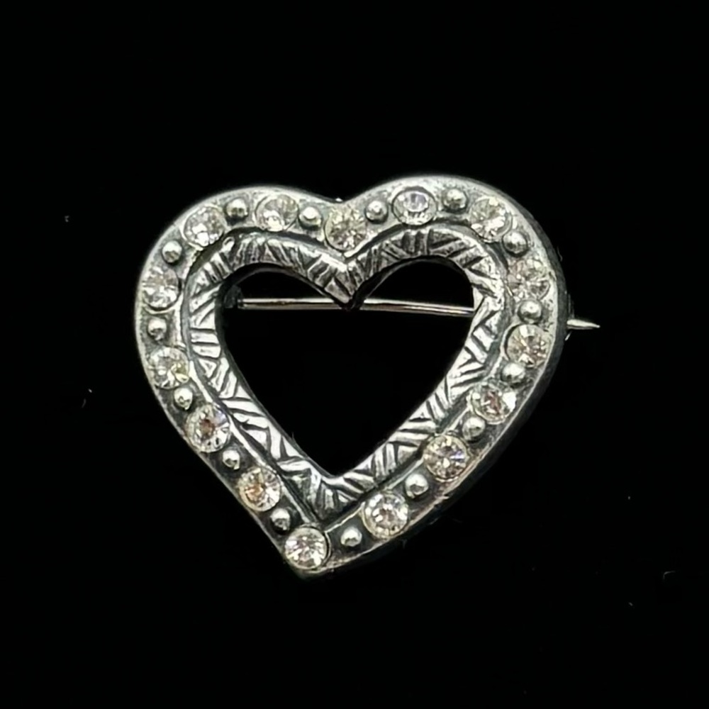 VINTAGE Sterling Silver Crystal Heart Brooch